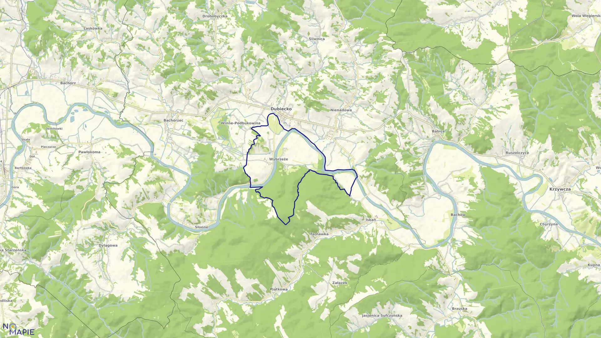 Mapa obrębu Wybrzeże w gminie Dubiecko